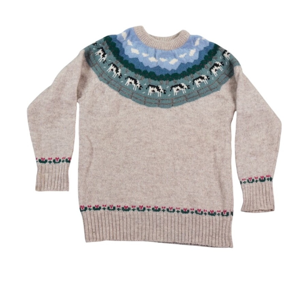 Orvis Sweater Women 38 VTG Shetland Wool Cow Fair Isle Landscape Intarsia Knit